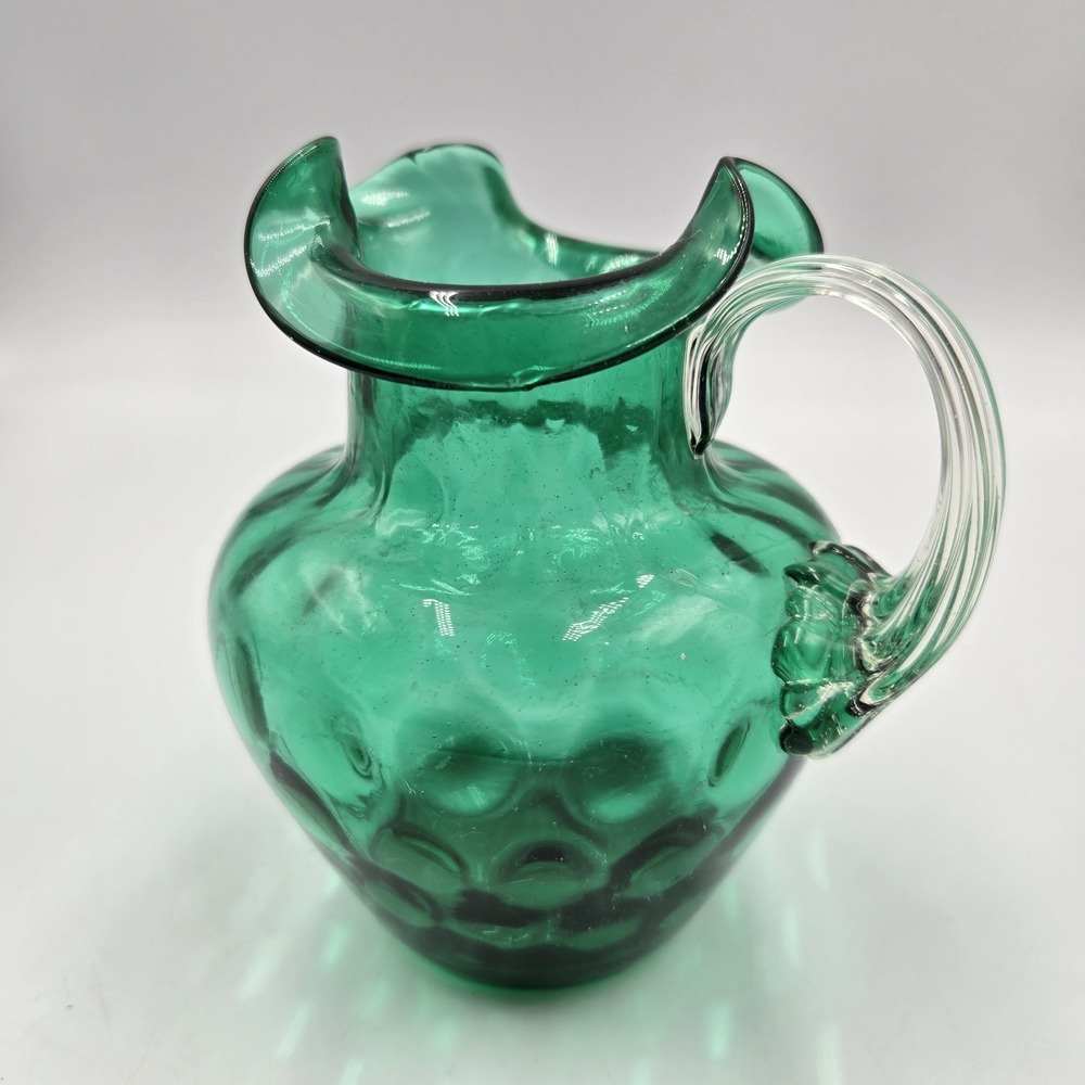 VTG Green Glass Pitcher Inverted Coin Dot W/ Clear Applied Stretch Handle 5"x 4"
